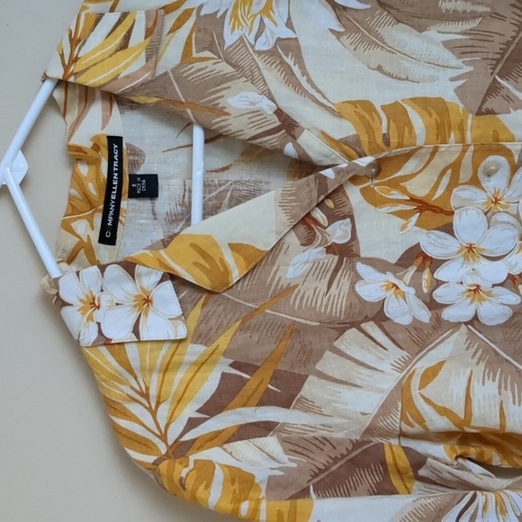 100% Linen Size 8 Company Ellen Tracy Hawaiian Shirt Button Up Top Yellow - Picture 4 of 14